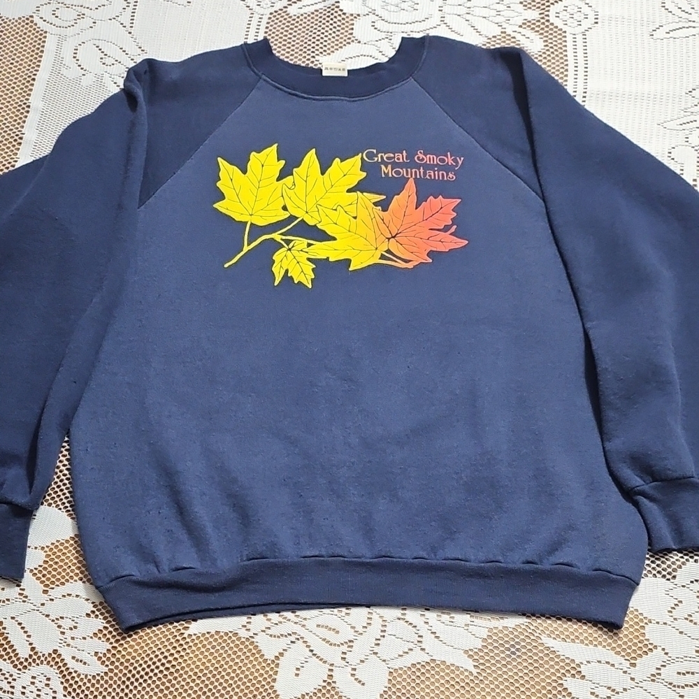 Vintage Fruit of the Loom Navy Sweatshirt with Yellow and Orange Leaf Motif